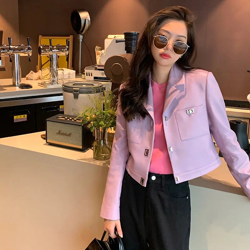 2022 Light Purple Sheepskin Leather Suit Women's Lapel Collar