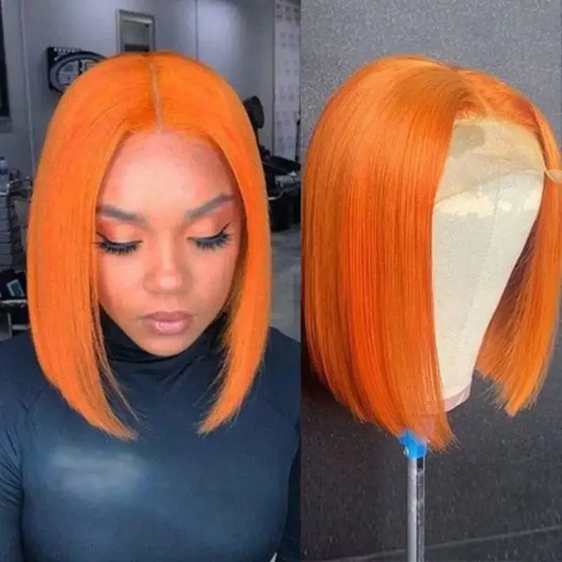 Parrucca corta arancione zenzero con capelli umani lisci e trasparenti, chiusura frontale in pizzo 4X4, attaccatura dei capelli pre-pizzicata_voghion.com