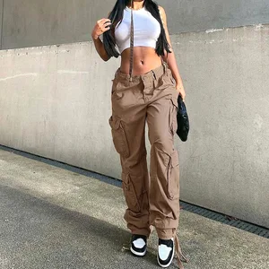 Summer Womens Vintage Grey Cargo Pants Baggy Casual Fashion Multiple Pockets Mom Hip Hop Street Style High Waist Wide Leg Jeans