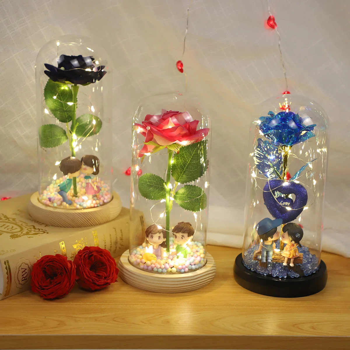 Valentines Day Gift Artificial Rose Flowers Bouquet Glass Dome Crafts Wholesale Suitable For Gift Box With Colorful Light factory