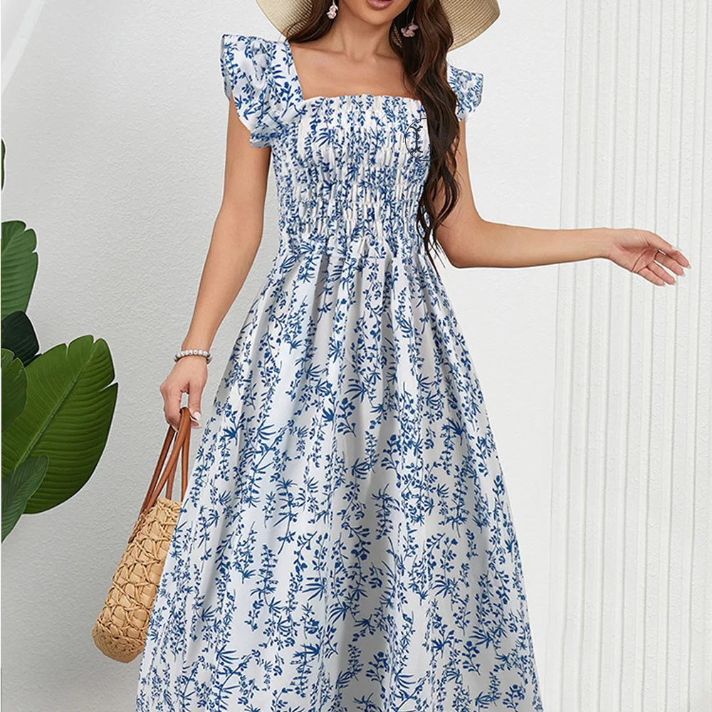 Newest Design Trend Beach Summer Ladies Elegant Casual Square Neck Floral Print Breathable Sleeveless Elastic Waist Long Dress