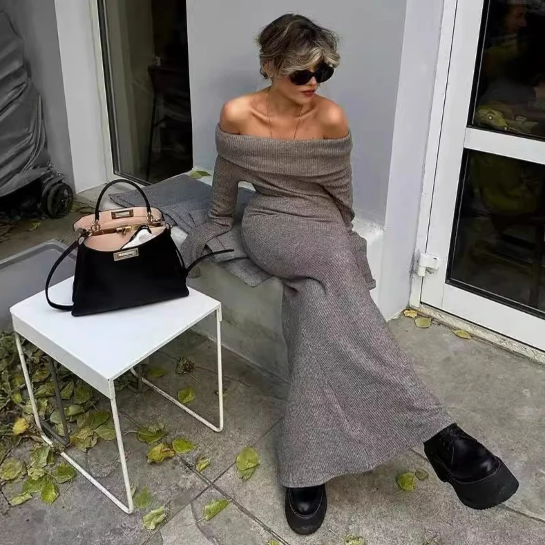 Autumn Winter Fashion Elegant Chic Long Sleeve Black Dresses Street Slim  Evening Robes Off Shoulder Midi Knitted Dress for Women