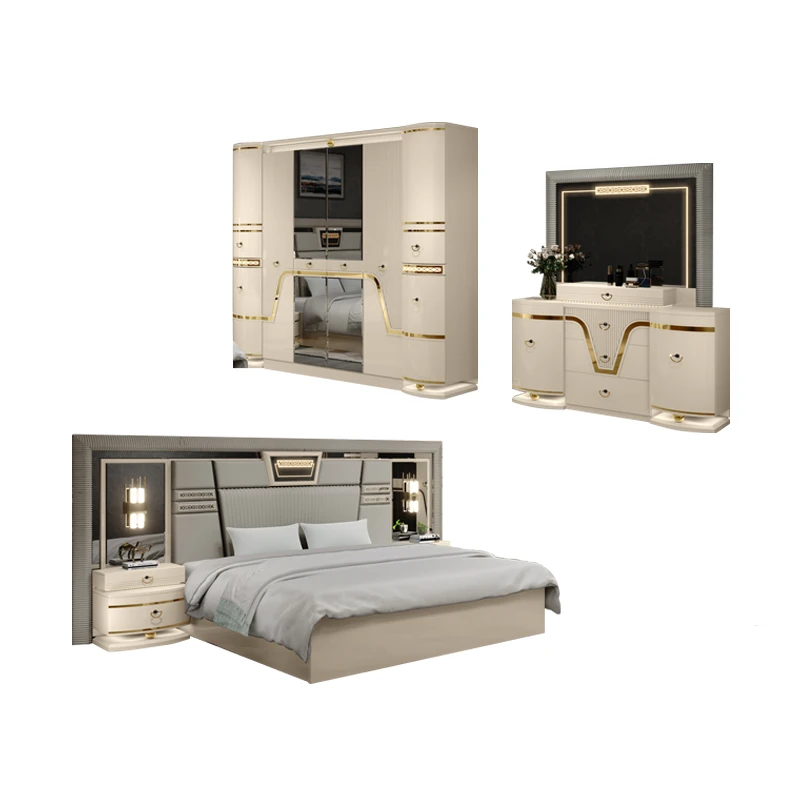 Wholesale Full Wooden Storage Bed Set Furniture Complete Mirrored Headboard Wood Bedroom Set