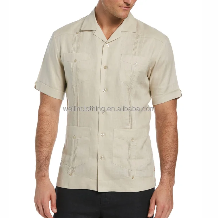 Custom short sleeve patch pockets embroidered guayabera shirt for men