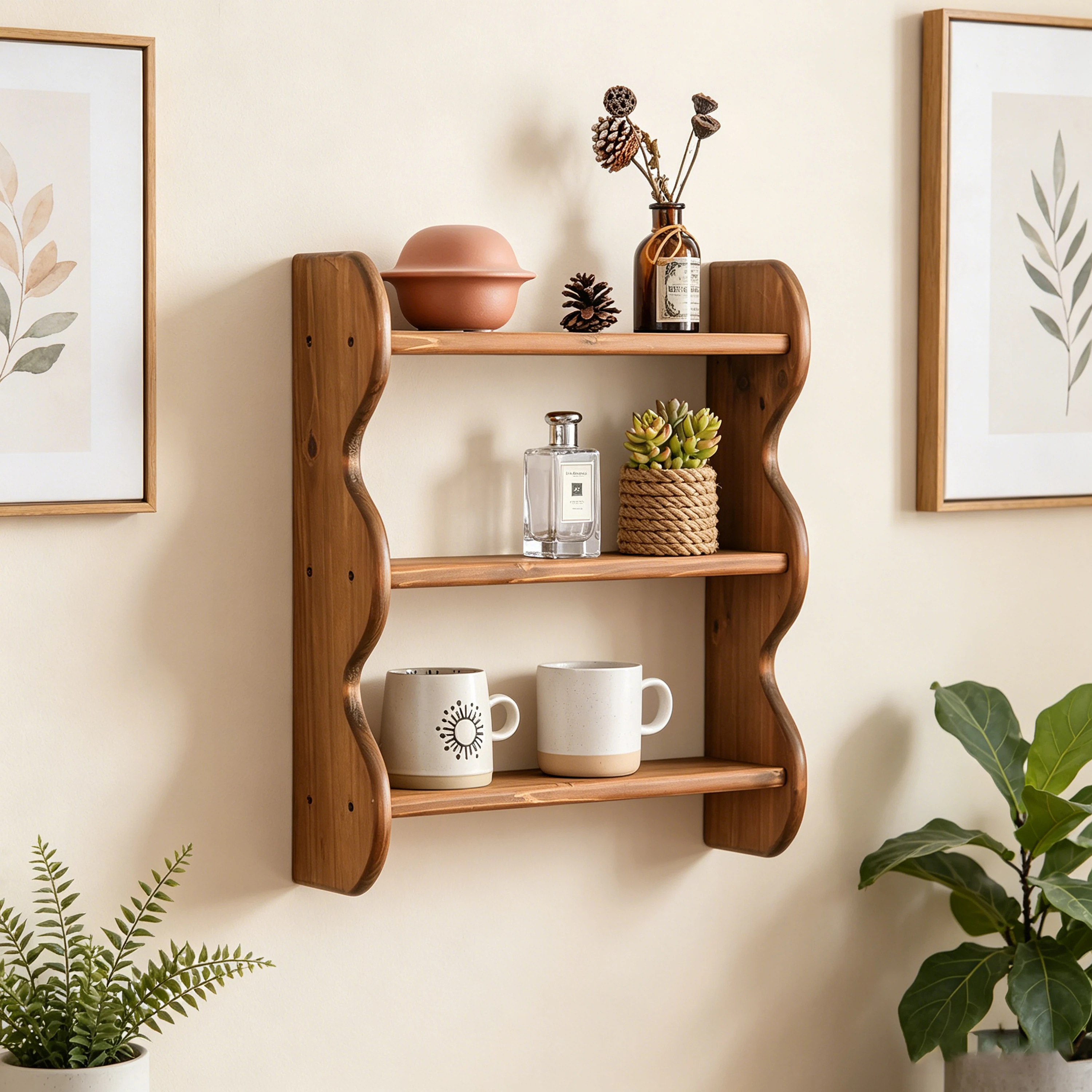 Wood Floating Wall Shelf Farmhouse Wall Mounted Storage Rack Wavy Edge Display Rack 3 Tier Rustic Hanging Storage Shelf