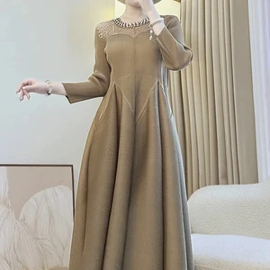 Korean-style Autumn Women's Pleated Dress with Beaded Collar and Long Style Miyake Oversized Dress for Large Sizes
