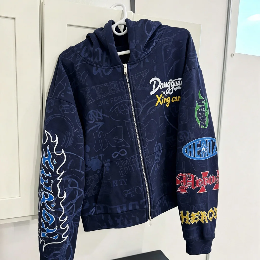 Fabriks-tilpasset, tung 100 % bomuldshoodie med diskret graffiti-print over hele overfladen og lynlås, understøtter brugerdefineret mønster og håndværk