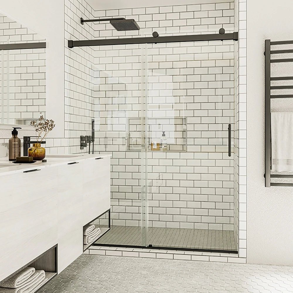 Stock in USA Custom Design 10 mm Frameless 2 Panel Black Bifold Bathroom Screen Single Sliding Glass Shower Doors