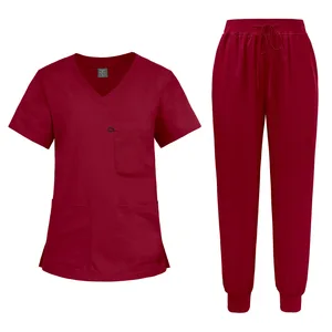 Comfortable Solid Color Scrub Set V-Neck Top with Drawstring Elastic Waist Pants Breathable Short Sleeve Uniform