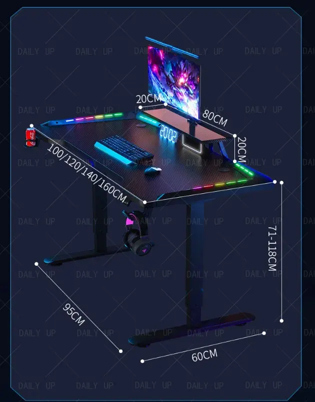 Adjustable RGB PC Gaming Desk Led Light Bedroom Ergonomic Gaming Table And Chair Set Home Office Industrial Gaming Desk RGB