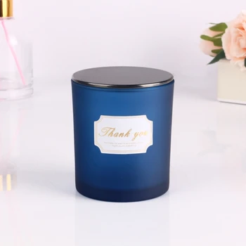 300 ml Empty Blue Frosted Glass Candle Jars With Metal Wood Lid  wholesale