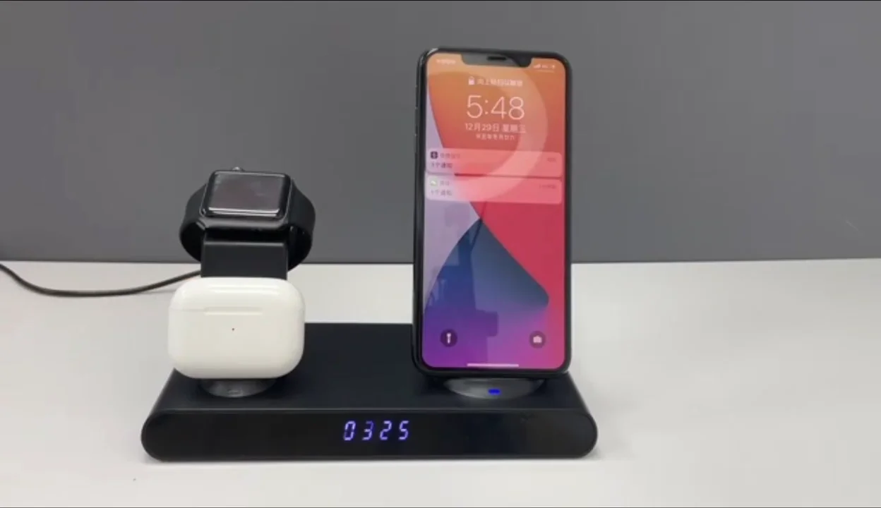 4 In 1 Wireless Charger With Time Display15w Qi Fast Charging Station For Iphone Alarm Clock