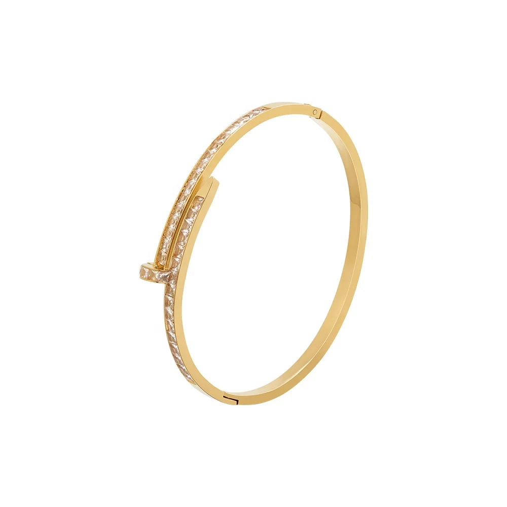 Latest 18K Gold Plated Stainless Steel Jewelry Square Drill Nail Shaped Bangle For Women Accessories Bracelet B232336