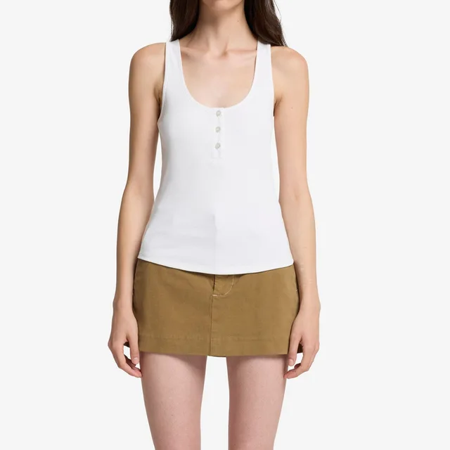 OEM Bright White Rib Henley Racerback Tank Silky-Stretch Slim Fit Breathable Eco-Friendly Quick Dry Knitted Fabric