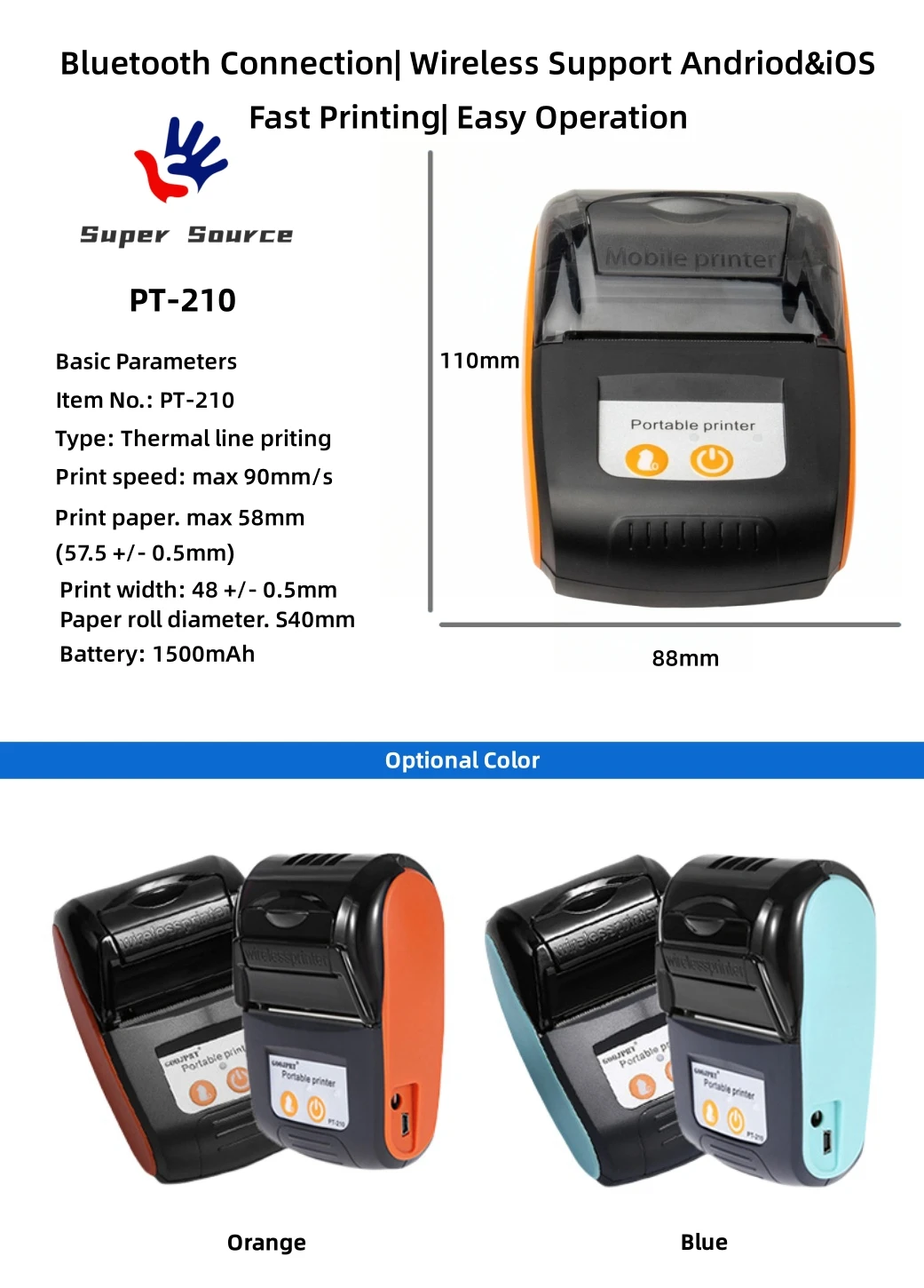 Blue Tooth Thermal Printer Pt210 58mm Mini Portable Thermal Printer