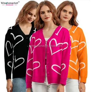 Wholesale Knitted Cardigans Ladies Heart Sweaters pink Custom Oversized Jacquard Sweater Knit Cardigan for Women