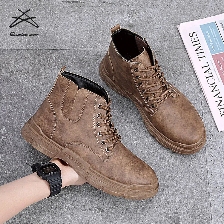 New Men Fashion Lace up Winter Mens Casual Shoes High Top PU Leather Sneaker Ankle Shoes Boots