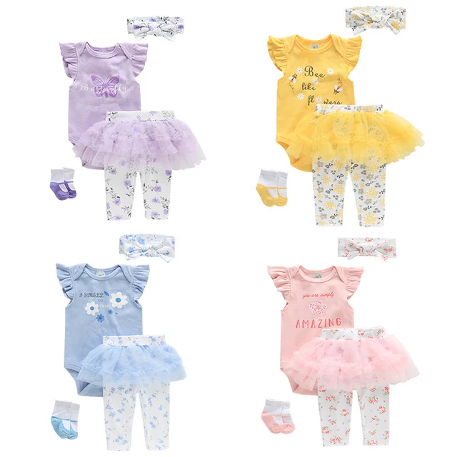 4pcs/set Summer Lace Skirts short sleeve cotton baby Rompers 0-1years Sweetheart Set baby Girls clothing sets