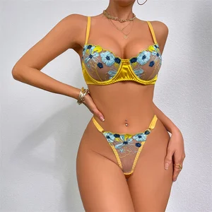 JENGS New Sexy and Fun Underwear Thin Embroidered Mesh Colored Ding Spliced Perspective Two Piece Set