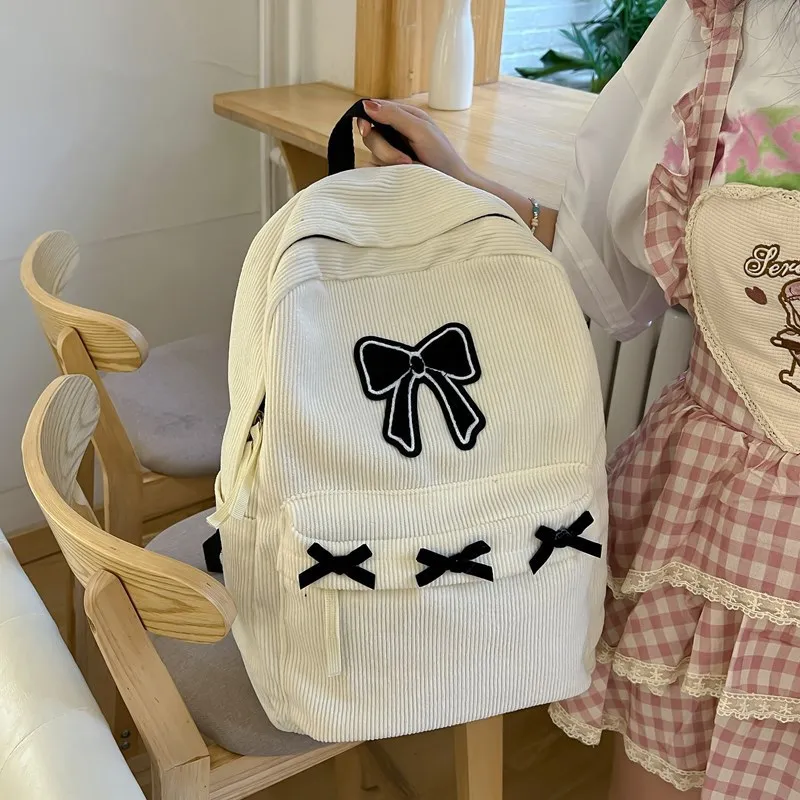 Hot Sale Fashion Bow Girls Durable Corduroy School Bag Teenager Students Book Bag Junior High School