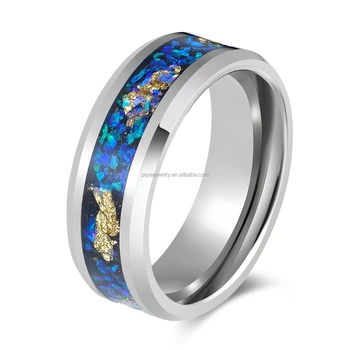 POYA Trendy  8mm Steel Tungsten Ring Blue and Gold Foil Inlay Ring Mens wedding band
