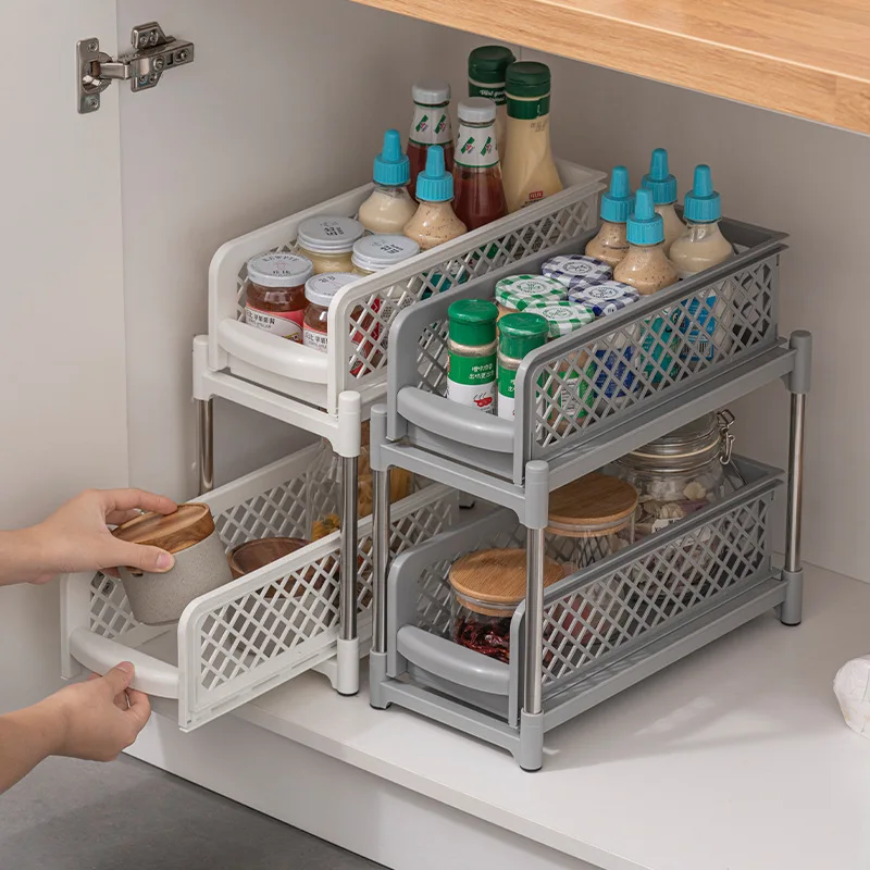 New Portable 2-tier Basket Drawers Organizer 2-Tier Under Sink Cabinet  Organizer with Sliding Storage Drawer