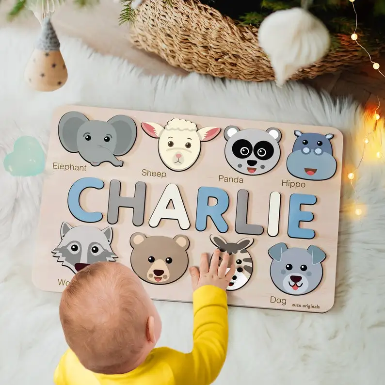 Customized Children Colorful Alphabet Name Puzzle Cute Animal Handmade Wooden Toy Puzzle for Kids Toys