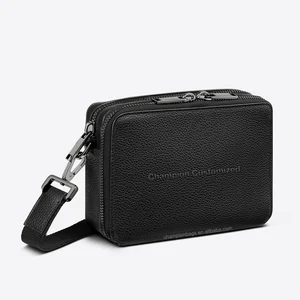 Custom Logo Black Pebble Leather Men's Crossbody Messenger Bag Double Zip Shoulder Sling Pack for Men