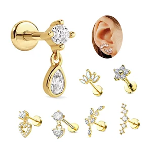2026 New Trendy Design CZ Heart Flower Helix Conch Ear Piercing 16G Cartilage Tragus Ear Stud Rings Gold Plated Body Jewelry