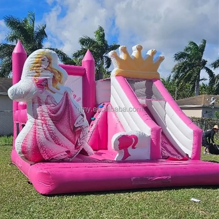 Pink princess bouncy castle combo inflatable bounce house girls with slide