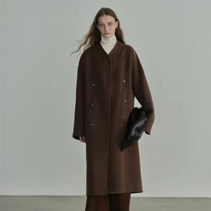 Straight Tube Double Breasted Double-sided Wool Coat for Women Autumn and Winter New V-neck High-end Long Woolen Coat