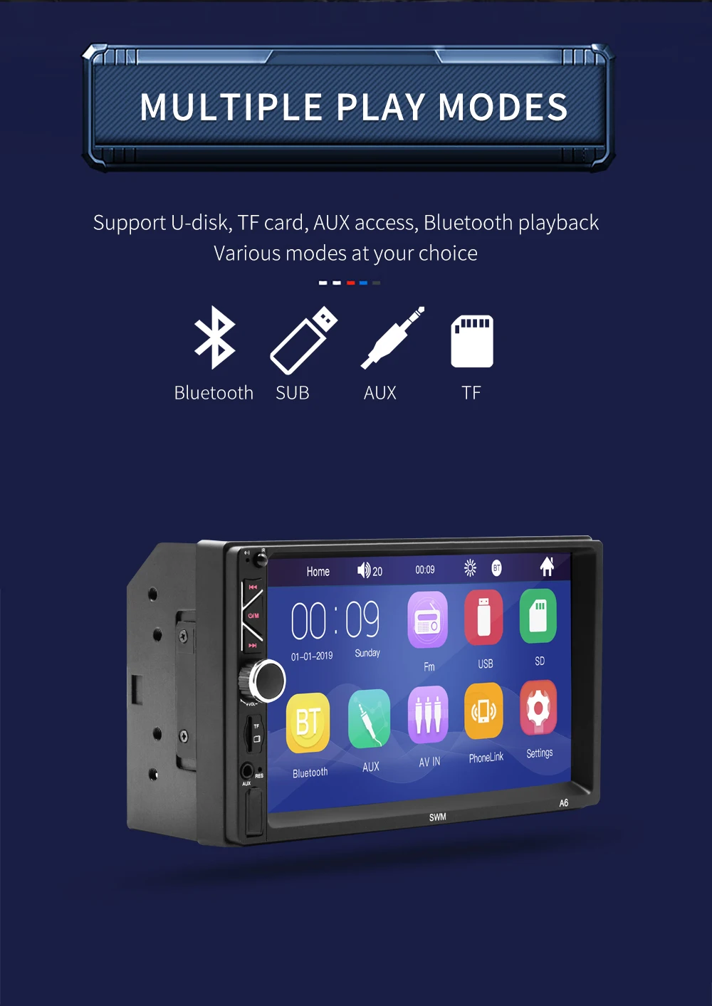 Bestree auto electronics USB charging 7 inch double din car stereo mp5 player auto stereo audio radio music player