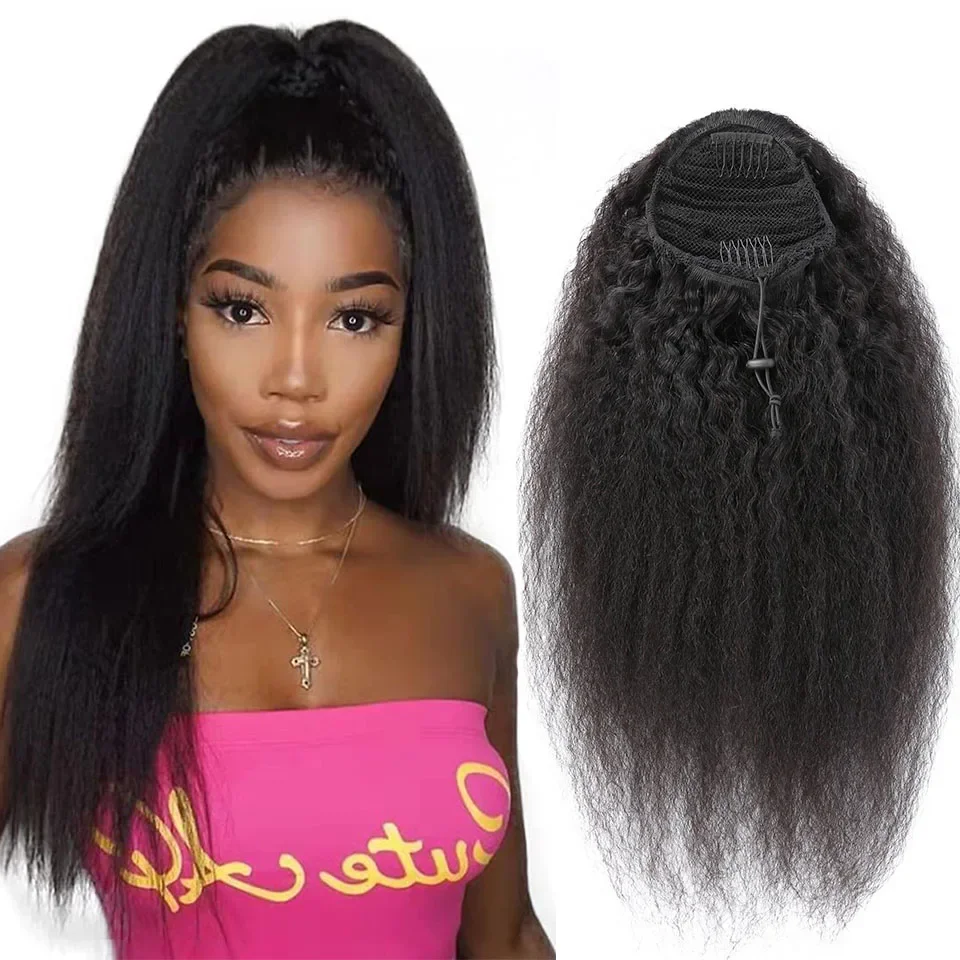 Afro Yaki dritto coulisse coda di cavallo capelli umani brasiliani clip in estensioni dei capelli_voghion.com