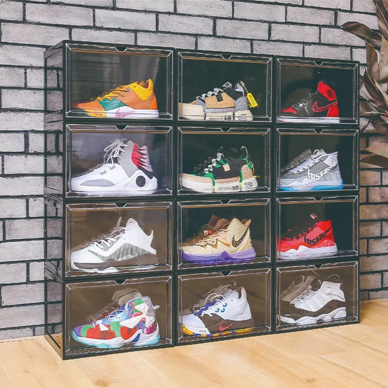 Transparent Plastic Sneaker Stackable Shoe Storage Boxes Drop Front