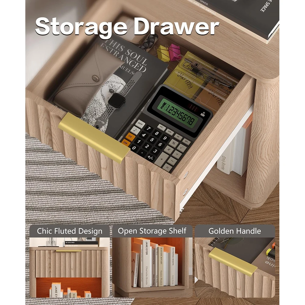 product nu deco mh25827 modern mid century wooden nightstand charging station led light drawer 15dx157wx226h bedroom natural oak-2