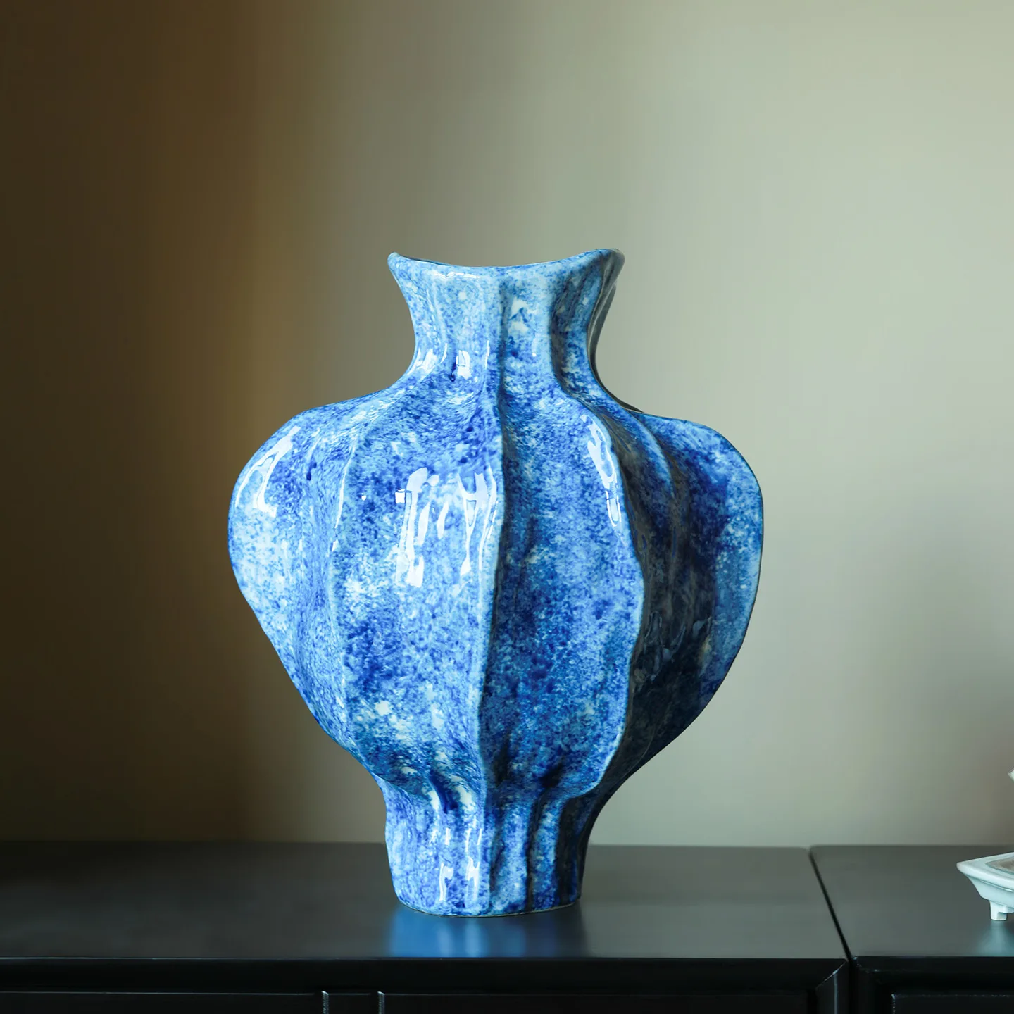 Blue Ceramic Vase with Fluted Texture Marbled Glaze Finish Modern Artistic Home Decor Living Room Flower Arrangement Centerpiece