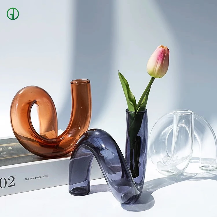 Creative Irregular Curving Tube Glass Vase Household Art Decoration Colored Hand Made Candlestick Glass Vase Flower Vase