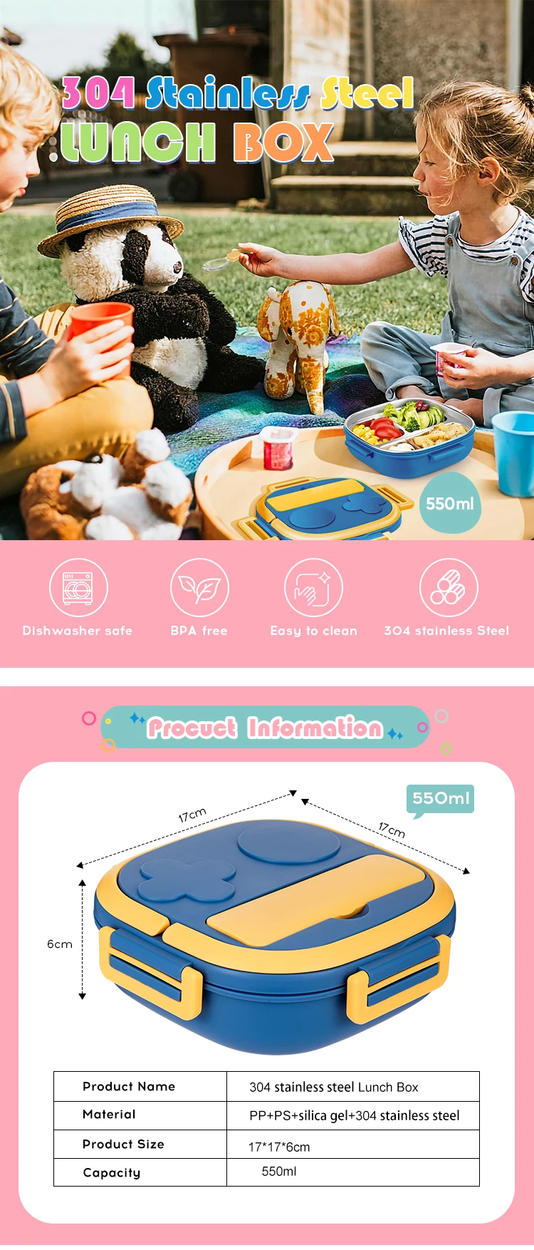 550ml Multilayer 304 Stainless Steel Lunch Box Dishwasher Safe Food