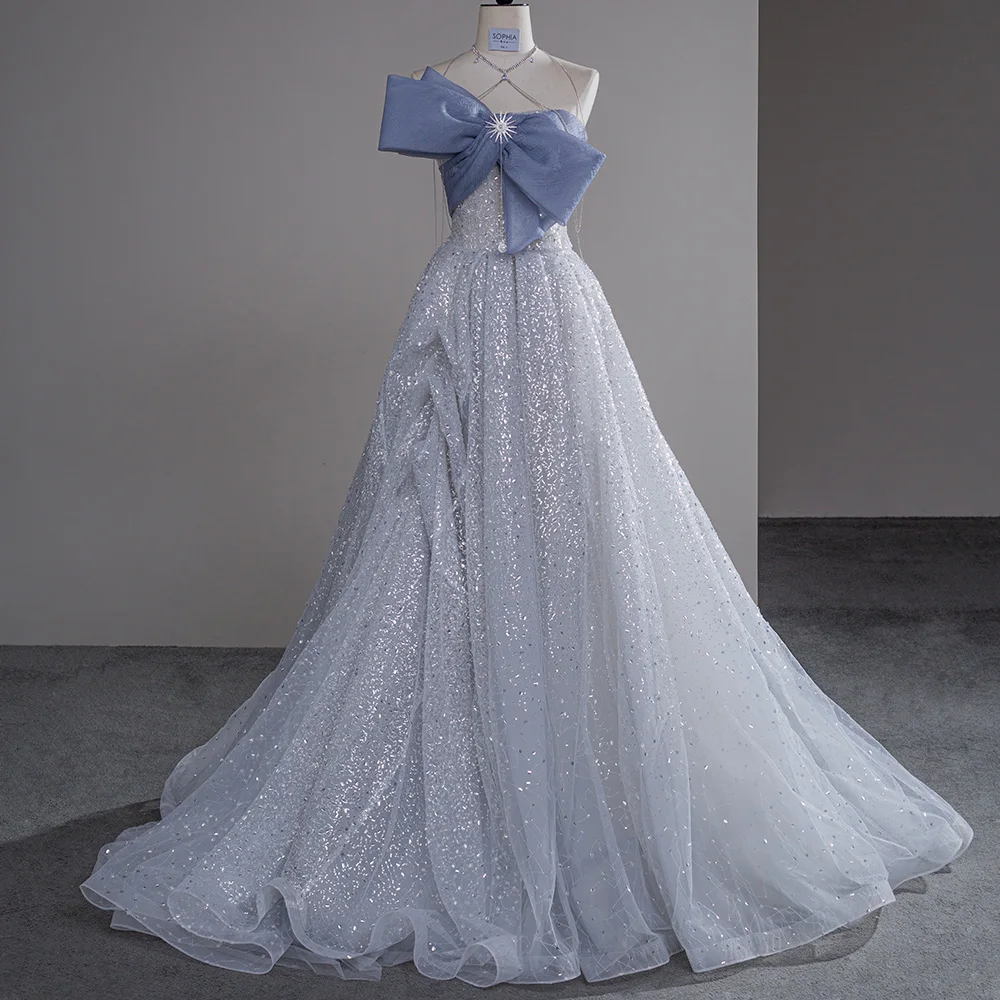 Misty Grey Cocktail Dresses Ruched a Line Bow Off the Shoulder Shiny Beaded  Lace up Strapless Evening Party Prom Gown Sfy54