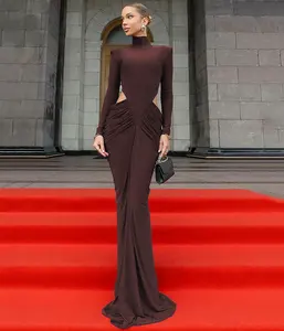 Turtleneck Long Sleeve Sexy Maxi Dress Women Elegant Autumn Winter Hollow Out Ruched Bodycon Club Party Long Dresses