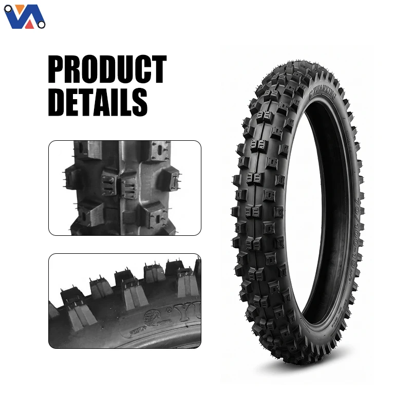 Detail of 70/100-19 dirt bike tire block tread; shoulder blocks and sidewall size marking