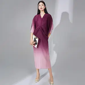 Miyake Pleated Dress High Collar V-Neck Midi Batwing Sleeve Gradient Color Print Dresses Women's Casual Dresses