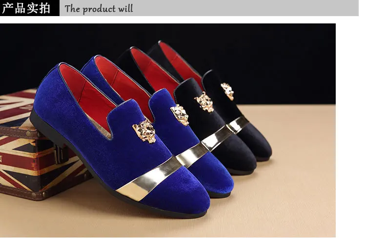  FOEVTRUE Men's Loafers Buckle Gold Copper Tiger Head and Hand  Emboss Leather Fashion Luxury Party Wedding Shoes Black-Blue US 7