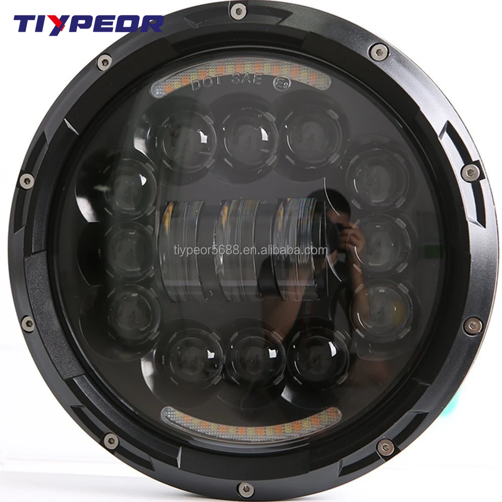 product tiypeor 7 inch 90w led headlight black chrome round with drl turning signal light for jk cj tj hummer for motorcycle-4