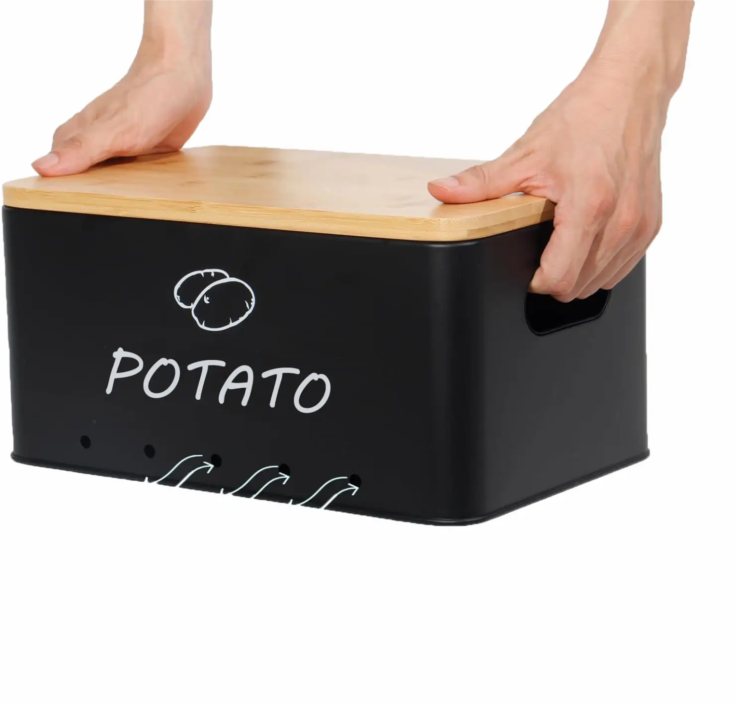 Wooden Lid Storage Box Metal Canisters Set for Kitchen for Garlic Potato and Onion Food Storage & Container