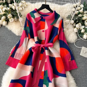 Spring Autumn Women's Casual Dress Printed Design Vintage Single Breasted Long Sleeves Street Wear Split Midi Dresses Custom