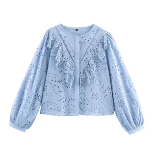 Foreign Trade New Women's Casual Summer European American Full Sleeve Loose Hollow Short Embroidered Lace Cotton/Polyester