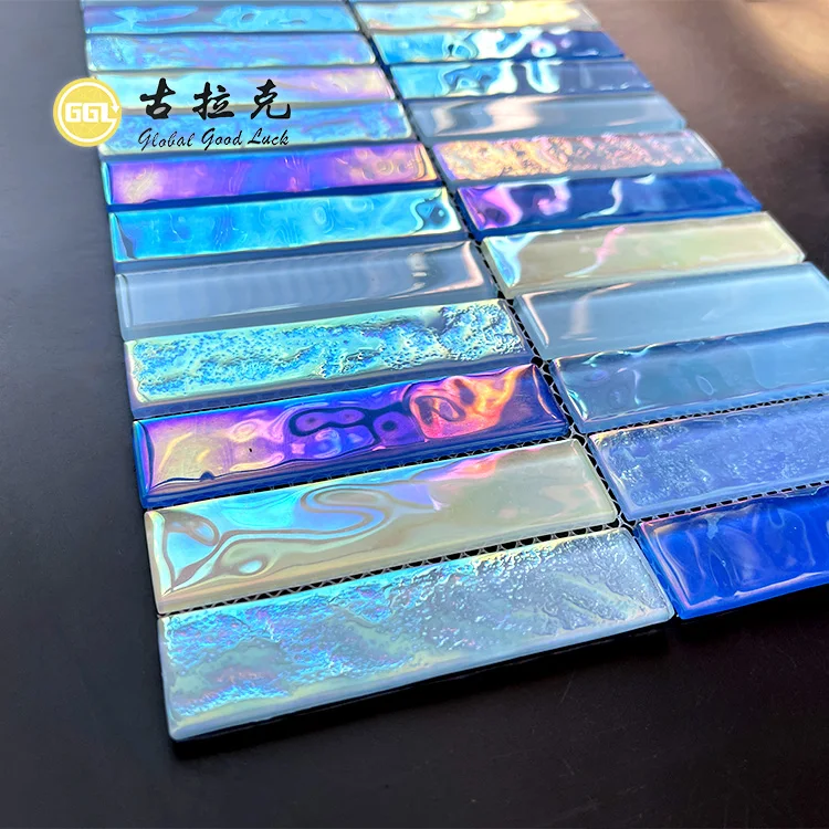 Modern Iridescent Blue Glass Mosaic Tiles Hot Melt for Outdoor Swimming Pool Factory Supplier at Cheap Price