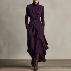 Women's Fashion Clothing Women's Dresses New Arrival Solid Color Long Sleeve Cross Neck Long Dress Women's Retro Dress