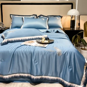 Hot Sale Modern Embroidered Satin Quilt Comforter Set New Queen Satin Washed Silk Cover Bed Sheet for Home Use Summer Bedding